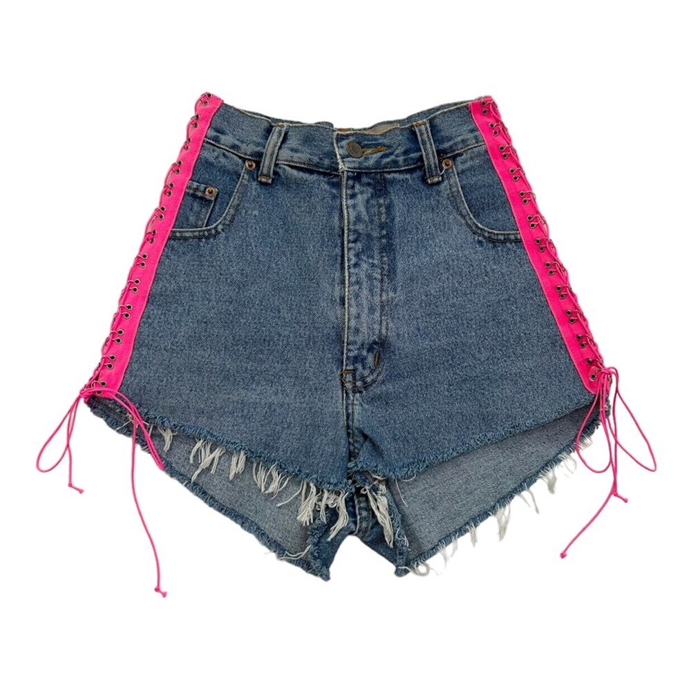 LF Furst Of a Kind Reworked Denim Cut Off Shorts Pink Side Ties